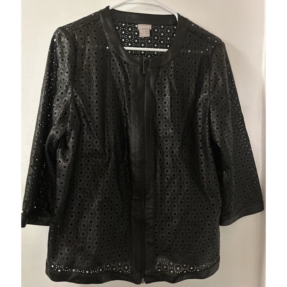 Chico’s Travelers Zip Peroration Pattern BLK Faux Leather Jacket SZ 1 US 8/10 M